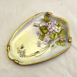 Vanity Dish w/ Violets Floral Hand-Painted & Signed by B. Phillippe, VTG EUC